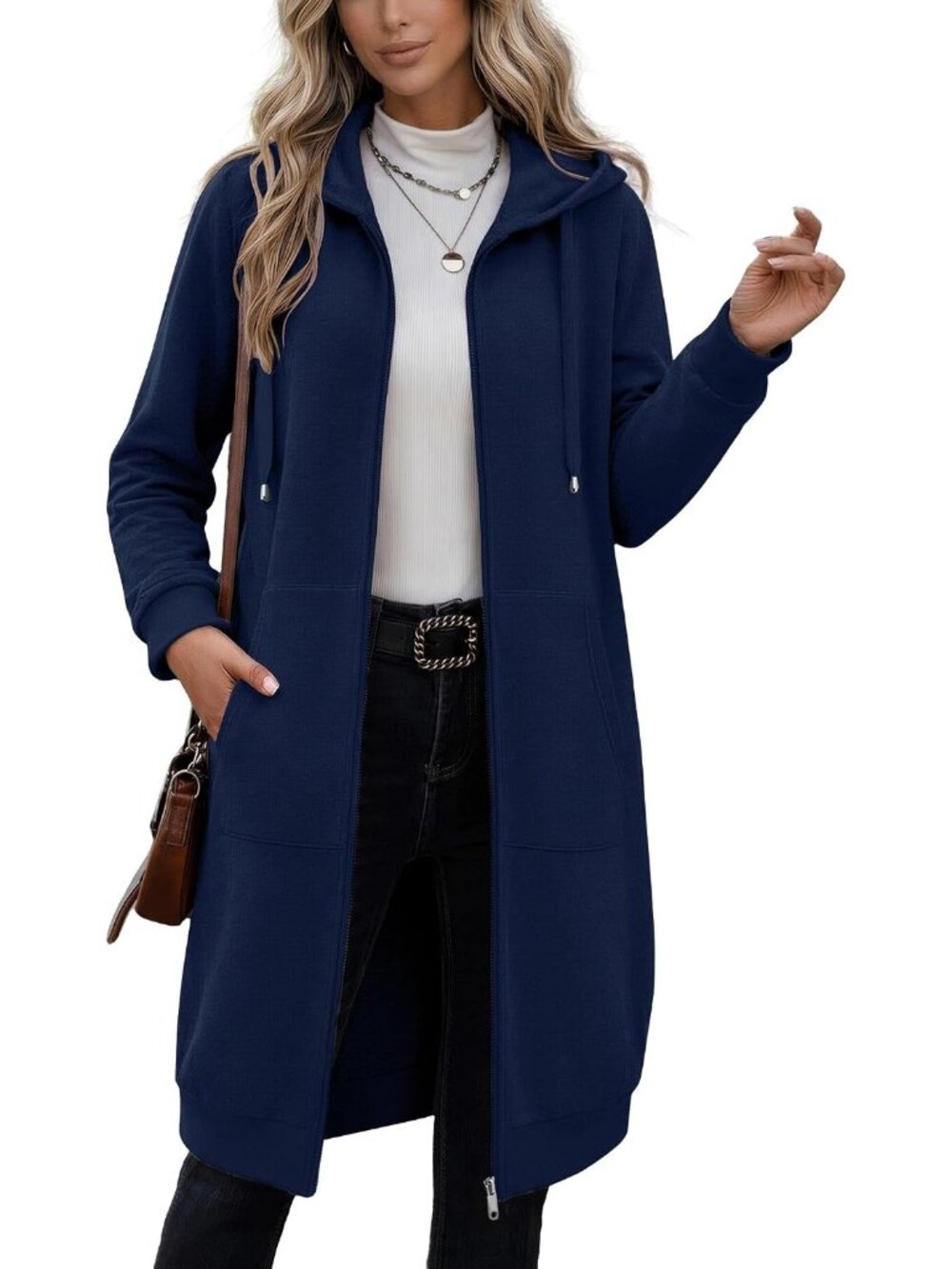 Women's Navy Blue Longline Fleece Hoodie Full Zip Oversized Duster Coat Jacket
